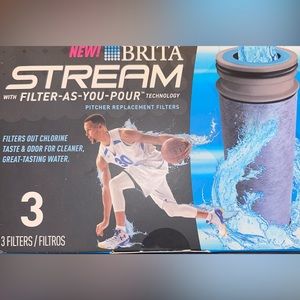 BRITA STREAM W/ FILTER-AS-YOU-POUR PITCHER REPLACEMENT FILTERS 3 PACK NEW‎